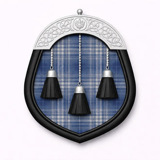 Hand made Arran Mist tartan sporran with subtle Scottish design worn with kilt