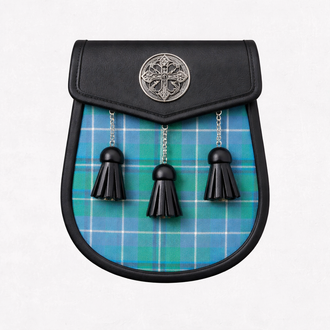 Handmade Douglas tartan sporran with traditional tassels and leather backing for classic Scottish kilt outfits