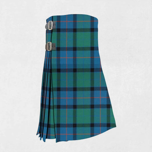 Handmade Flower of Scotland tartan kilt in blue, green, and white pattern
