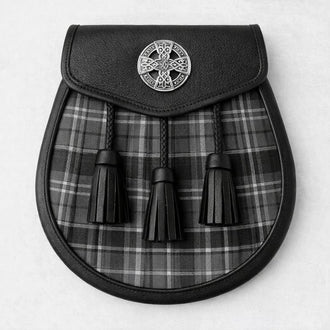 Handmade Hebridean Granite tartan sporran with traditional tassels and leather backing for Scottish kilt outfits