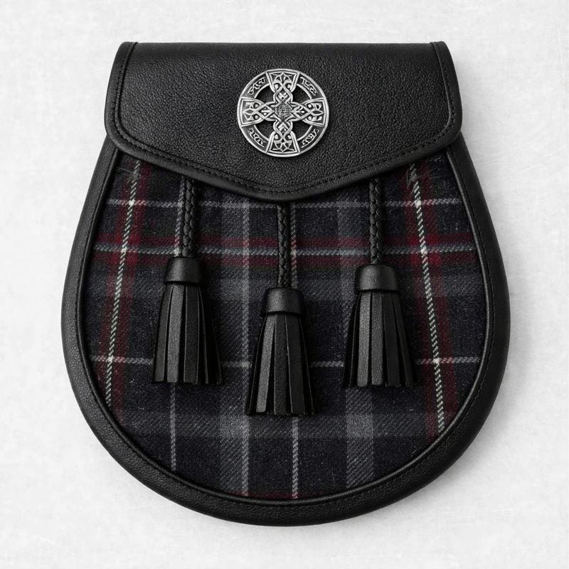 Hebridean Heather tartan sporran with traditional tassels and leather backing for Scottish kilt outfits
