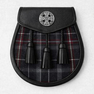 Hebridean Heather tartan sporran with traditional tassels and leather backing for Scottish kilt outfits