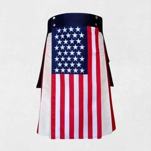 Handmade Scottish American flag kilt with utility pockets and straps
