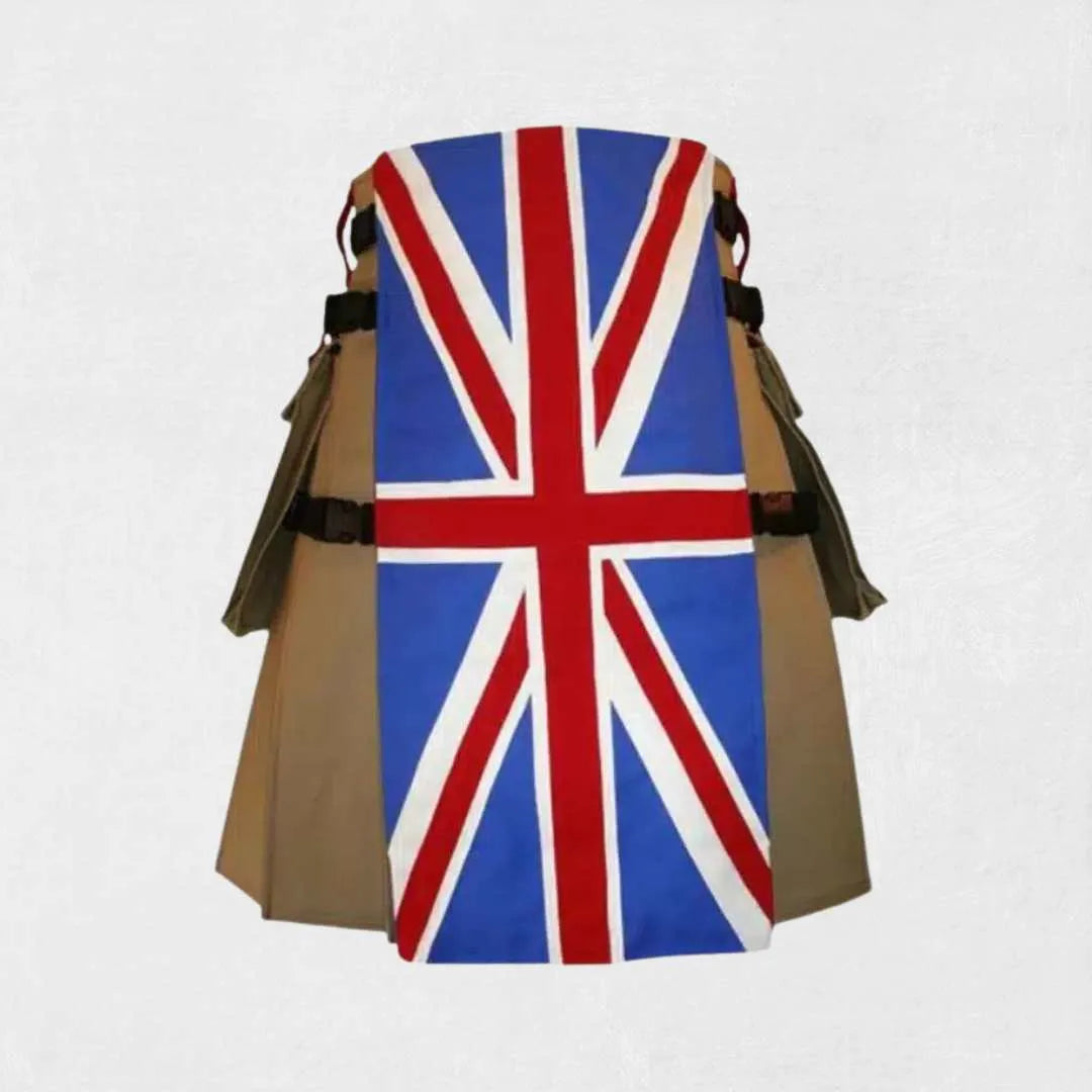 Handmade Scottish UK flag utility kilt with cargo pockets and adjustable straps