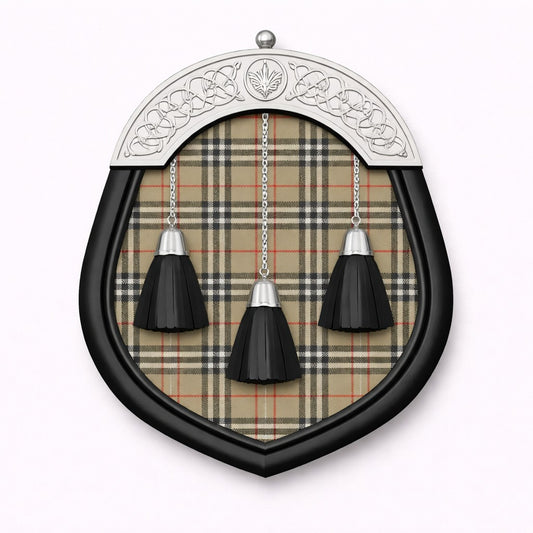 Handmade Burberry tartan sporran with classic check pattern worn with kilt
