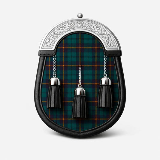 Handmade Carmichael tartan sporran with traditional Scottish design worn with kilt