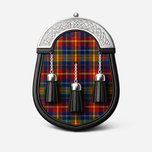Handmade Carr tartan sporran with traditional Scottish design worn with kilt