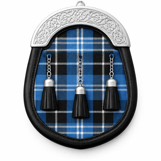 Handmade Clark tartan sporran with traditional Scottish design worn with kilt
