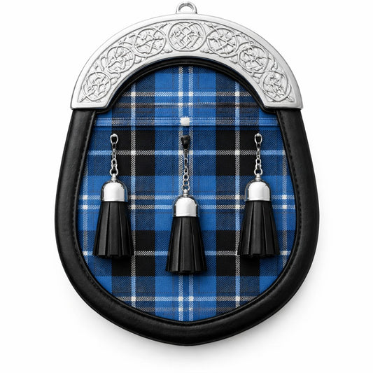 Handmade Clarke Ancient tartan sporran with traditional Scottish design worn with kilt
