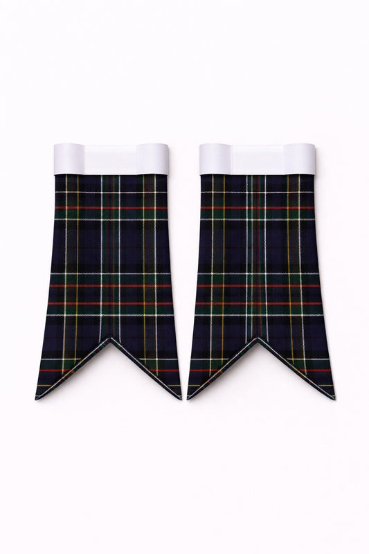 Handmade Colquhoun tartan kilt in green, blue, and red overcheck pattern
