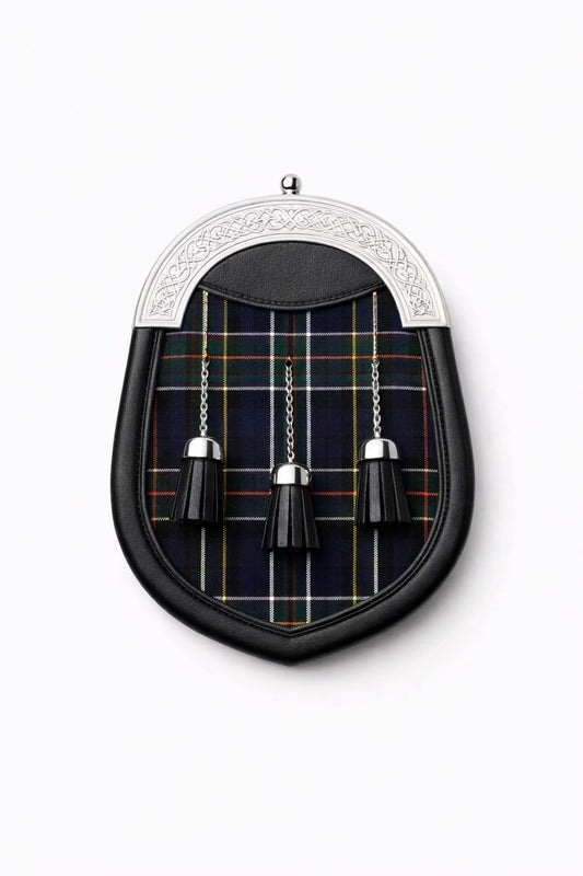 Handmade Colquhoun tartan sporran with traditional Scottish design worn with kilt