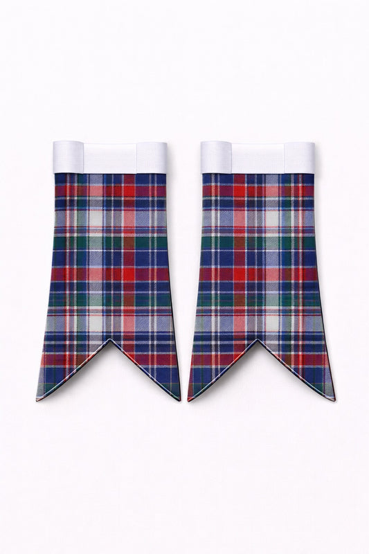 Handmade Cooper Tartan Flashes displayed on traditional kilt outfit with detailed stitching