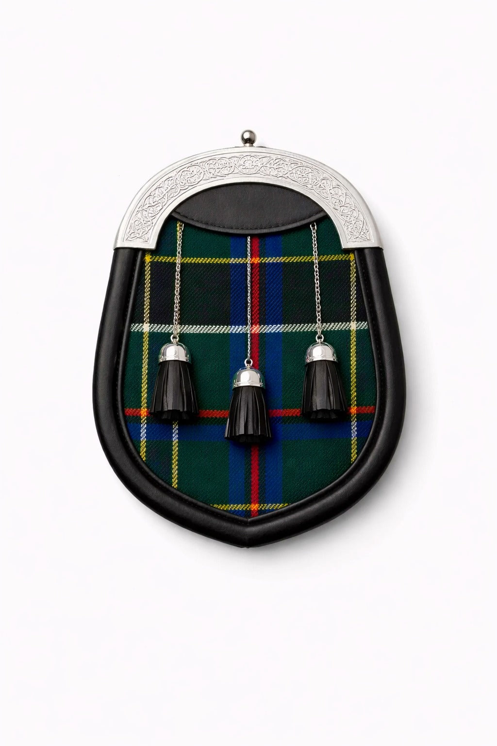 Handmade Cornish Hunting tartan sporran featuring traditional Scottish design worn with kilt