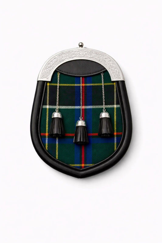 Handmade Cornish Hunting tartan sporran featuring traditional Scottish design worn with kilt