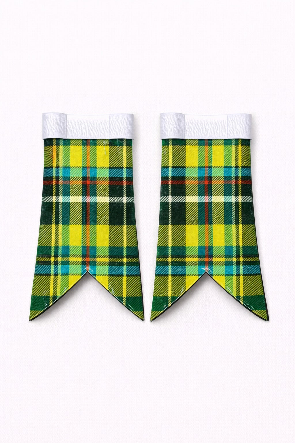 Handmade Cornish Tartan Flashes displayed on traditional kilt outfit with detailed stitching