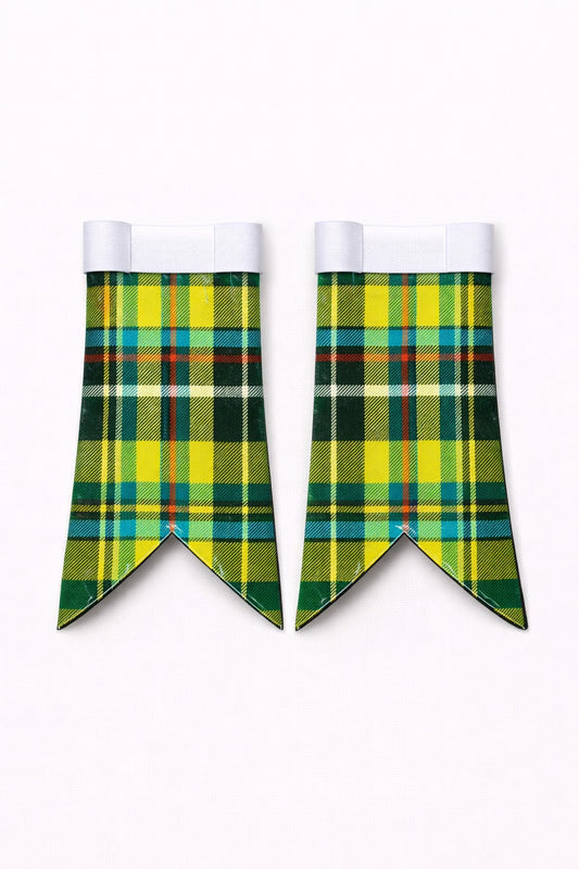 Handmade Cornish Tartan Flashes displayed on traditional kilt outfit with detailed stitching