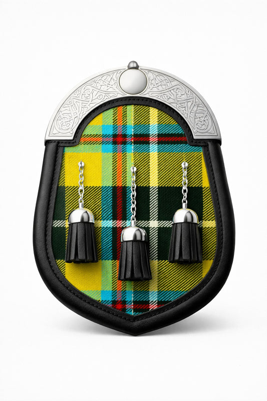 Handmade Cornish tartan sporran with traditional Scottish design worn with kilt