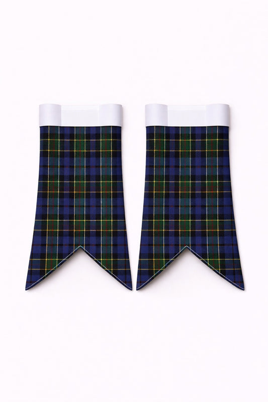 Handmade Cowan Tartan Flashes displayed on traditional kilt outfit showing detailed stitching