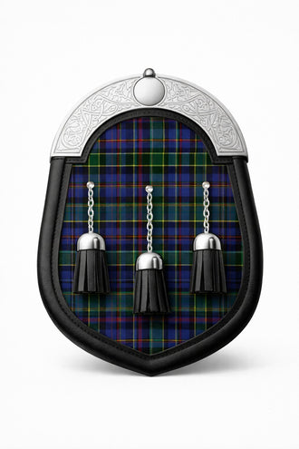 Handmade Cowan tartan sporran featuring traditional Scottish design worn with kilt