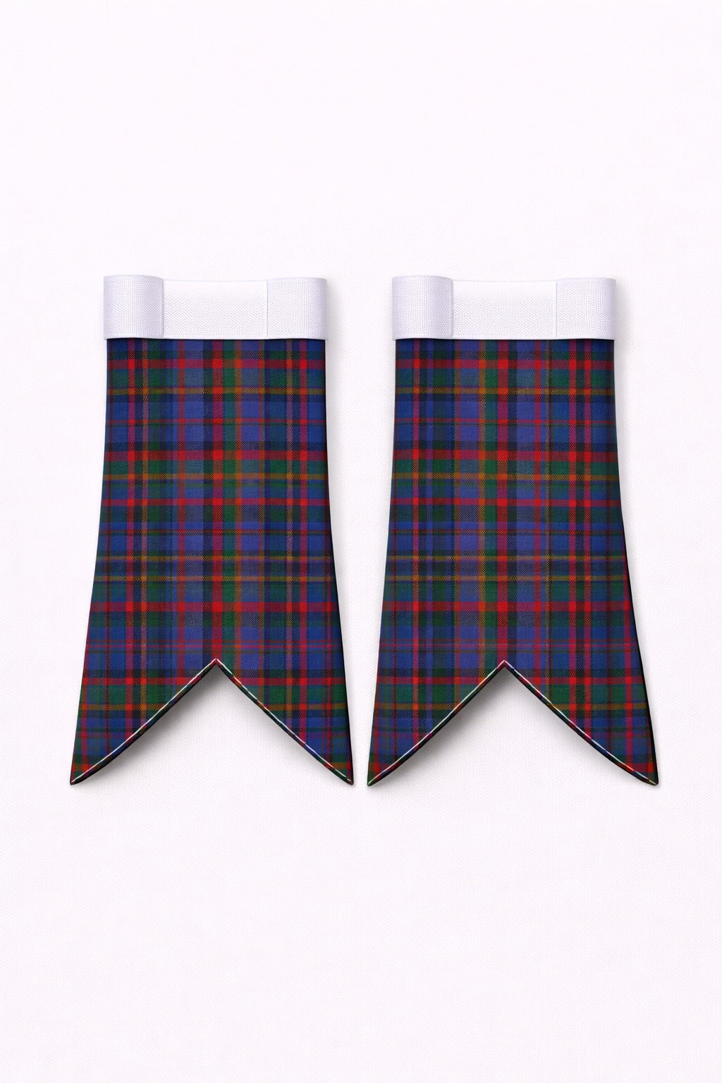 Handmade Crawford Tartan Flashes displayed on traditional kilt outfit showing detailed stitching