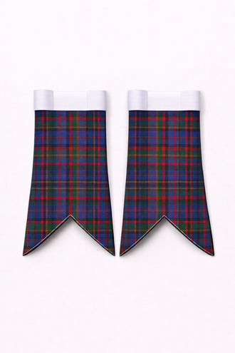 Handmade Crawford Tartan Flashes displayed on traditional kilt outfit showing detailed stitching