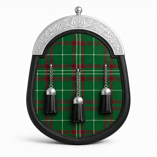 Handmade Cunningham tartan sporran featuring traditional Scottish design worn with kilt
