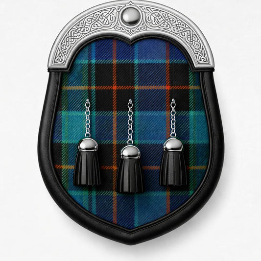 Handmade Davidson tartan sporran with traditional Scottish design worn with kilt