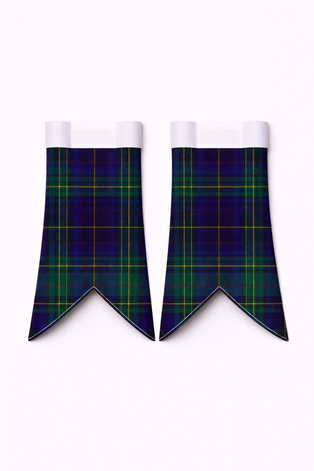 Handmade Davies Tartan Flashes displayed on traditional kilt outfit showing detailed craftsmanship
