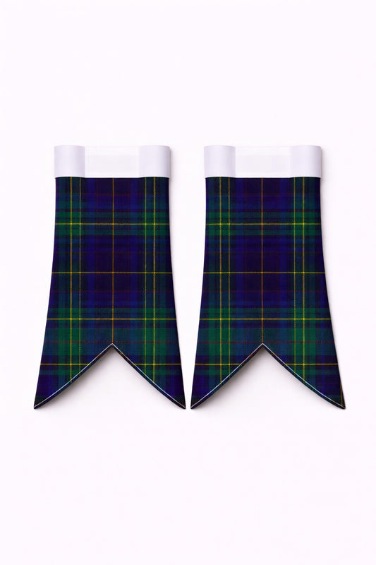 Handmade Davies Tartan Flashes displayed on traditional kilt outfit showing detailed craftsmanship