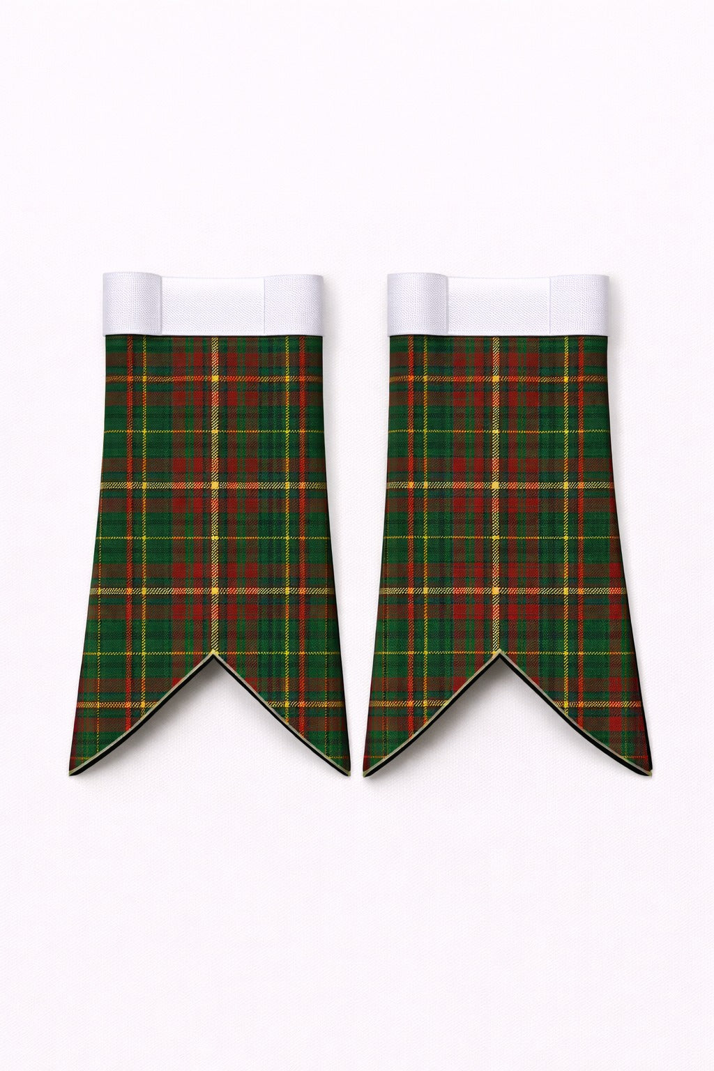 Handmade Doyle Tartan Flashes displayed on traditional kilt outfit showing detailed craftsmanship