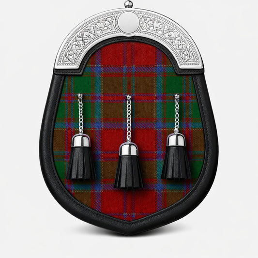 Handmade Drummond tartan sporran with traditional Scottish design worn with kilt