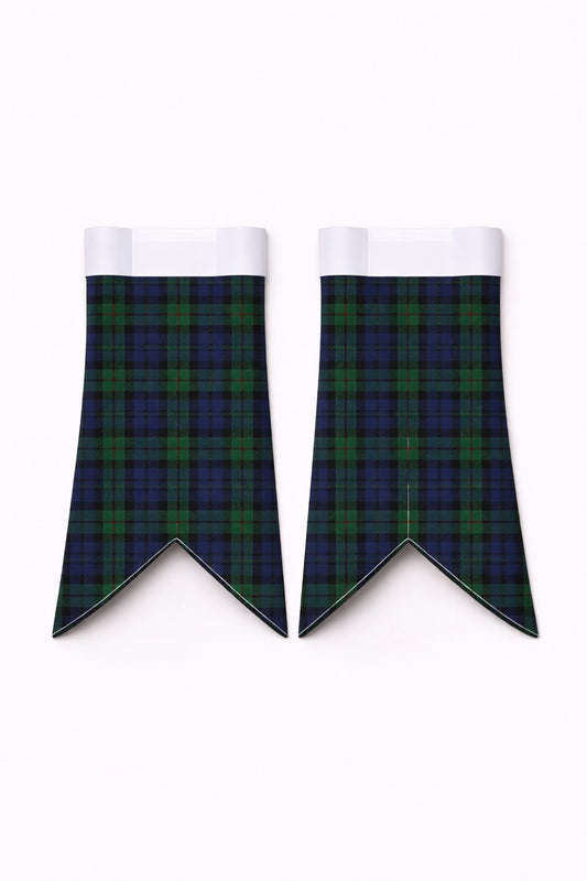 Handmade Dundas Tartan Flashes displayed on traditional kilt outfit showing detailed craftsmanship