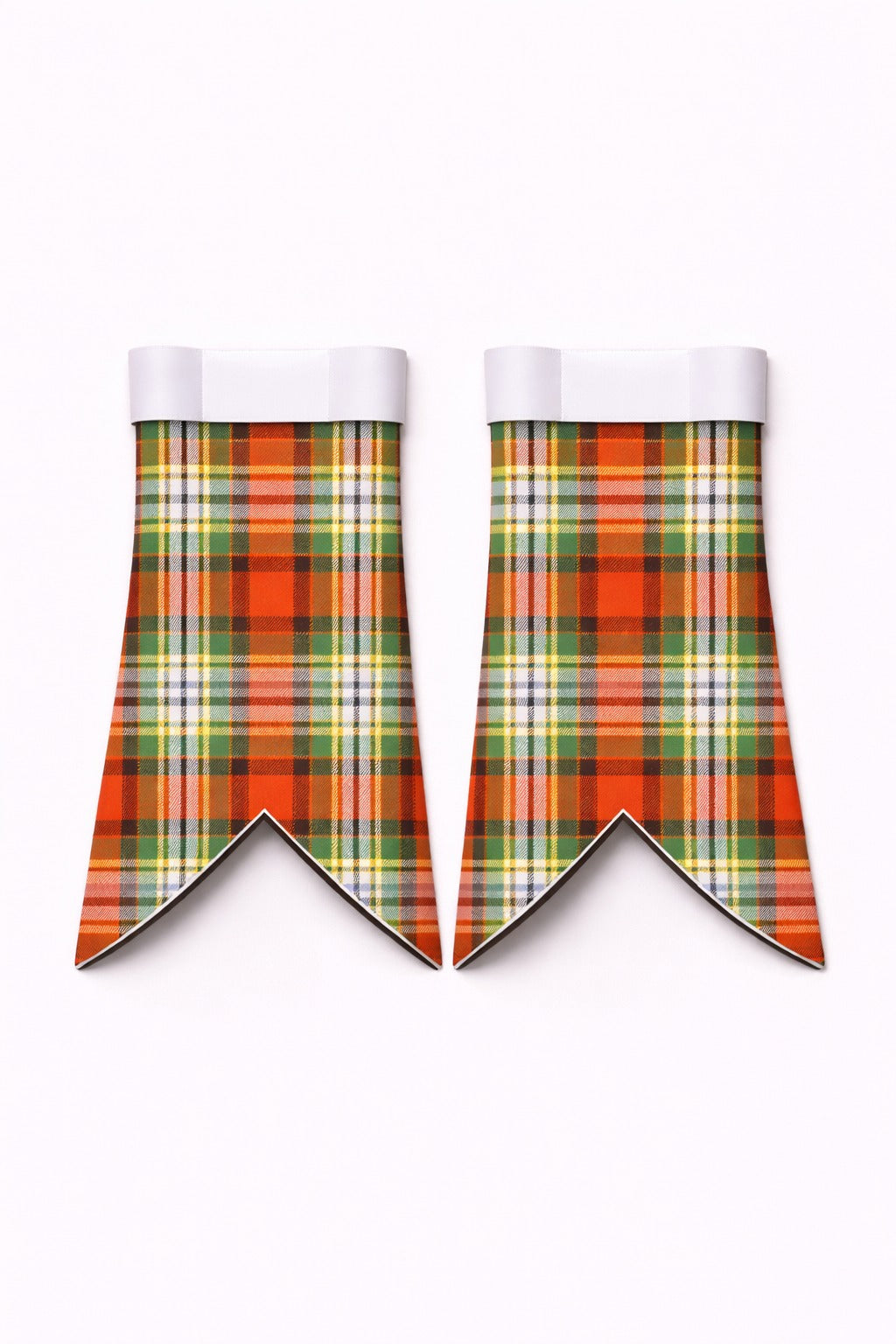 Handmade Dundee tartan flashes worn with traditional Scottish kilt hose
Character Count: 72