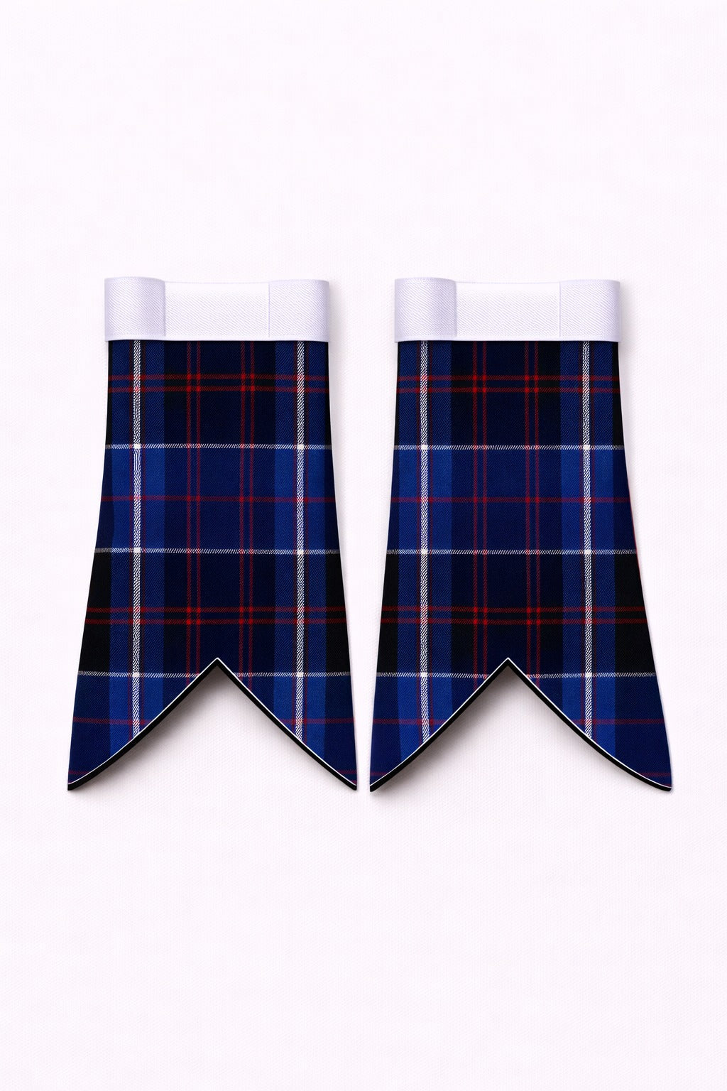 Handmade Dunlop tartan flashes worn with traditional Scottish kilt hose