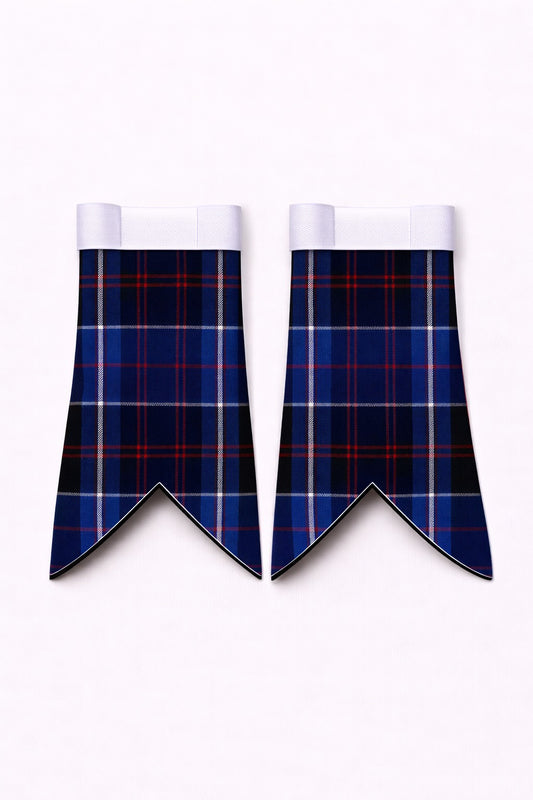Handmade Dunlop tartan flashes worn with traditional Scottish kilt hose