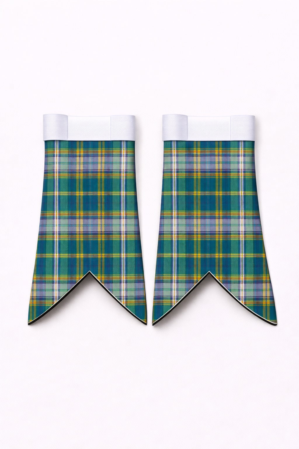 Handmade Dunn tartan flashes worn with traditional Scottish kilt hose