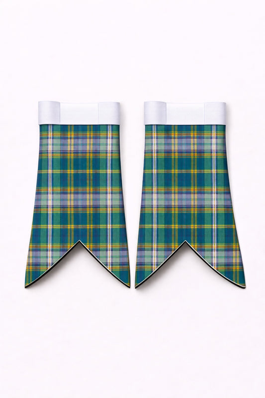 Handmade Dunn tartan flashes worn with traditional Scottish kilt hose