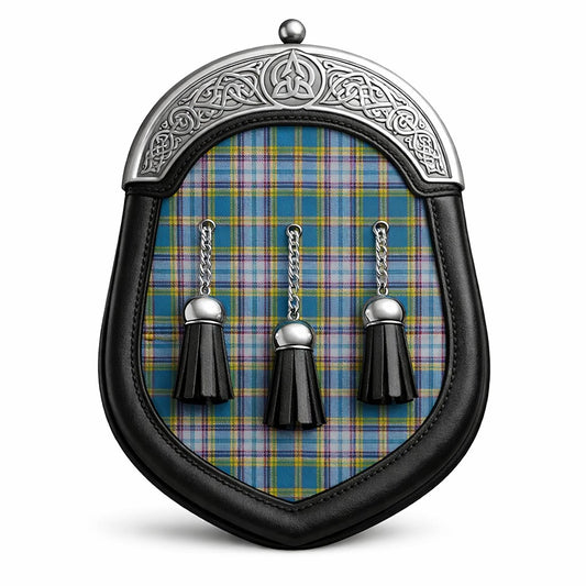 Handmade Dunn tartan sporran with traditional Scottish design worn with kilt