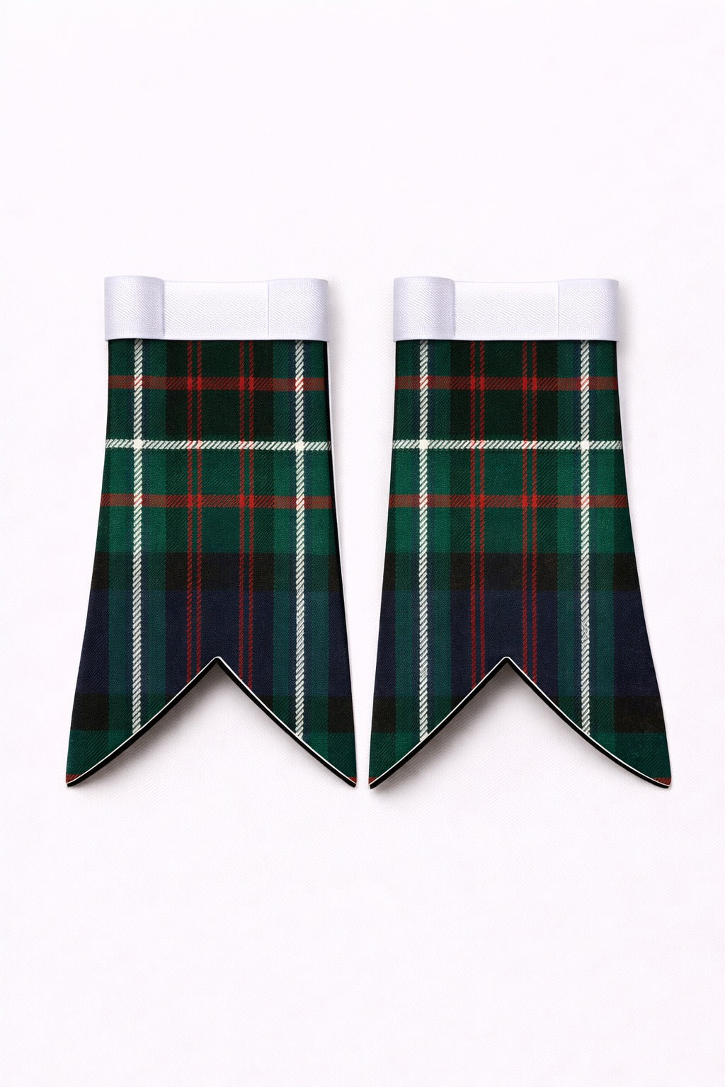 Handmade Ferguson tartan flashes worn with traditional Scottish kilt hose