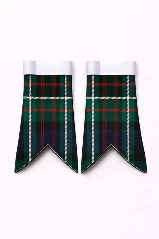 Handmade Ferguson tartan flashes worn with traditional Scottish kilt hose