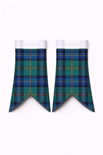 Handmade Flower of Scotland Tartan Flashes displayed on traditional kilt outfit showing detailed craftsmanship