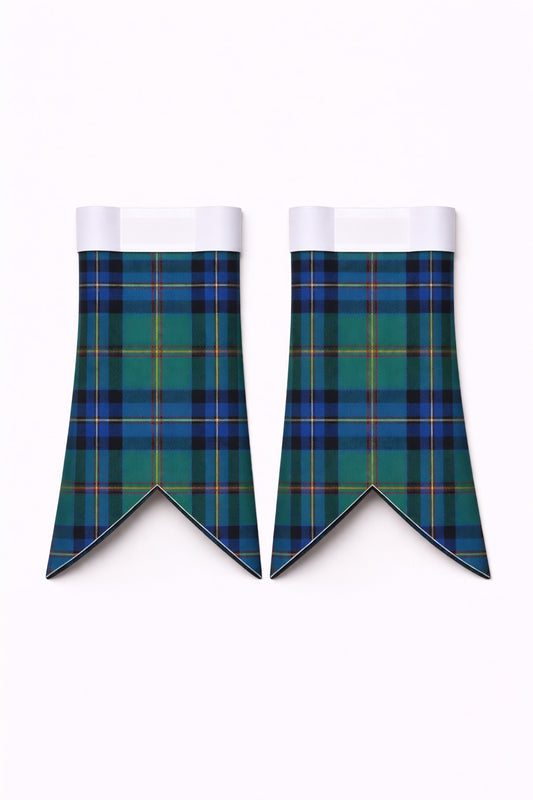 Handmade Flower of Scotland Tartan Flashes displayed on traditional kilt outfit showing detailed craftsmanship