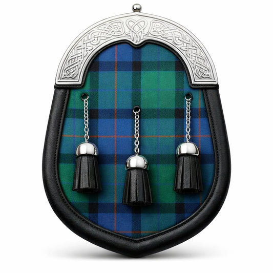 Handmade Flower of Scotland tartan sporran with traditional Scottish design worn with kilt
