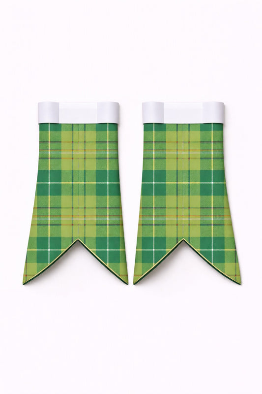 Handmade Galloway Hunting tartan flashes worn with traditional Scottish kilt hose