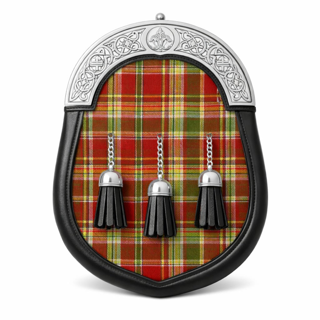 Handmade Gibson tartan sporran with traditional Scottish design worn with kilt