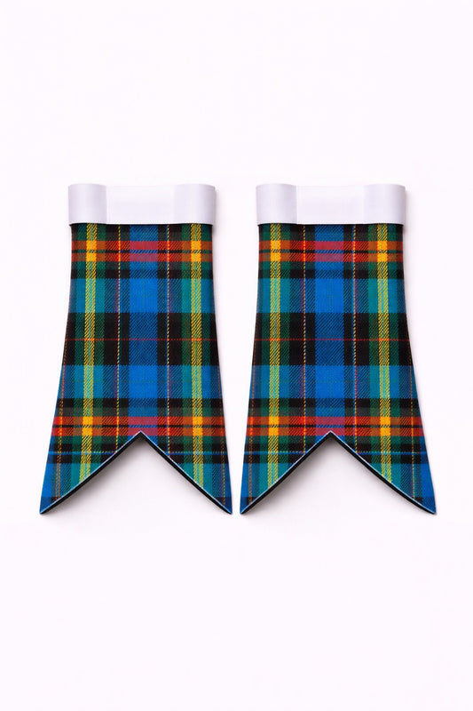 Handmade Gillies tartan flashes worn with traditional Scottish kilt hose