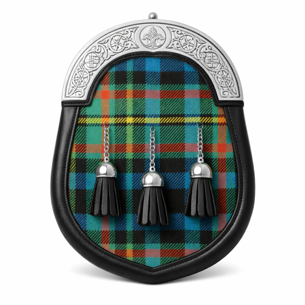 Handmade Gillies tartan sporran with traditional Scottish design worn with kilt
