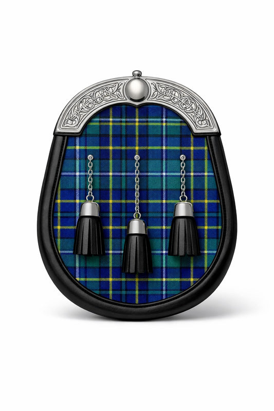 Handmade Hall tartan sporran with traditional Scottish design worn with kilt