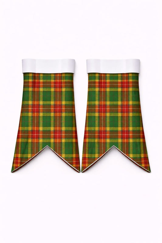 Handmade Harper tartan flashes worn with traditional Scottish kilt hose