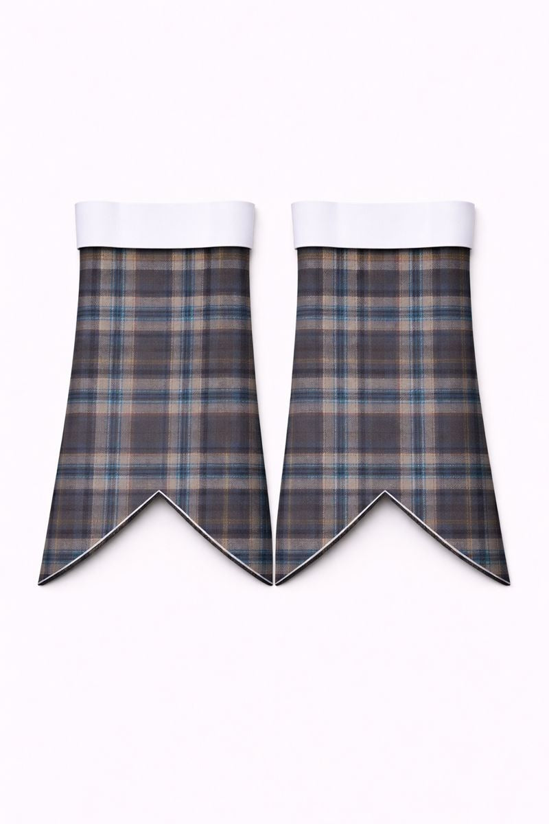 Handmade Harris Mist tartan flashes worn with traditional Scottish kilt hose